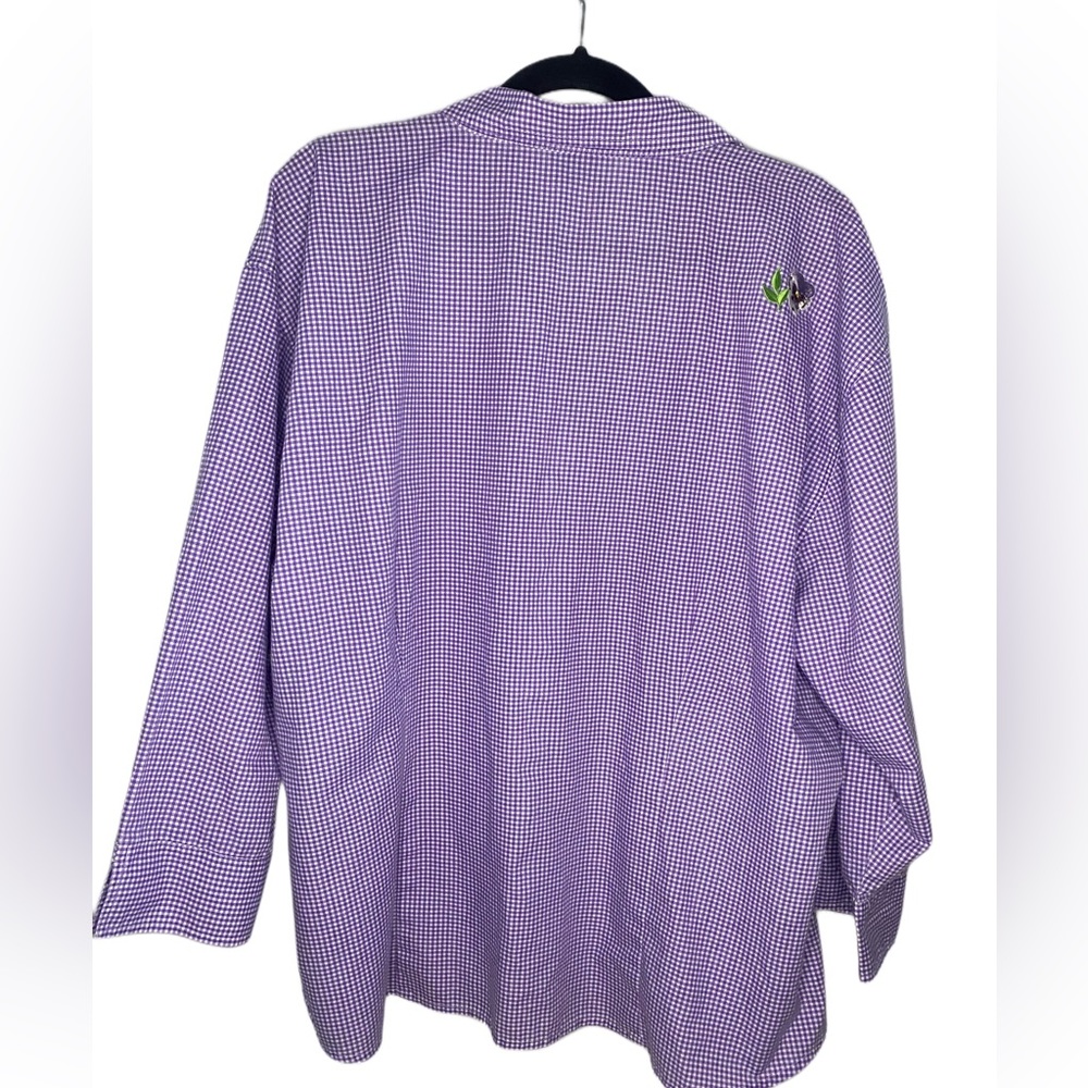 Laso 3XL Purple Check Button Down 3/4 Sleeve w/ Floral Embroidery ~Vintage~ - Picture 2 of 5